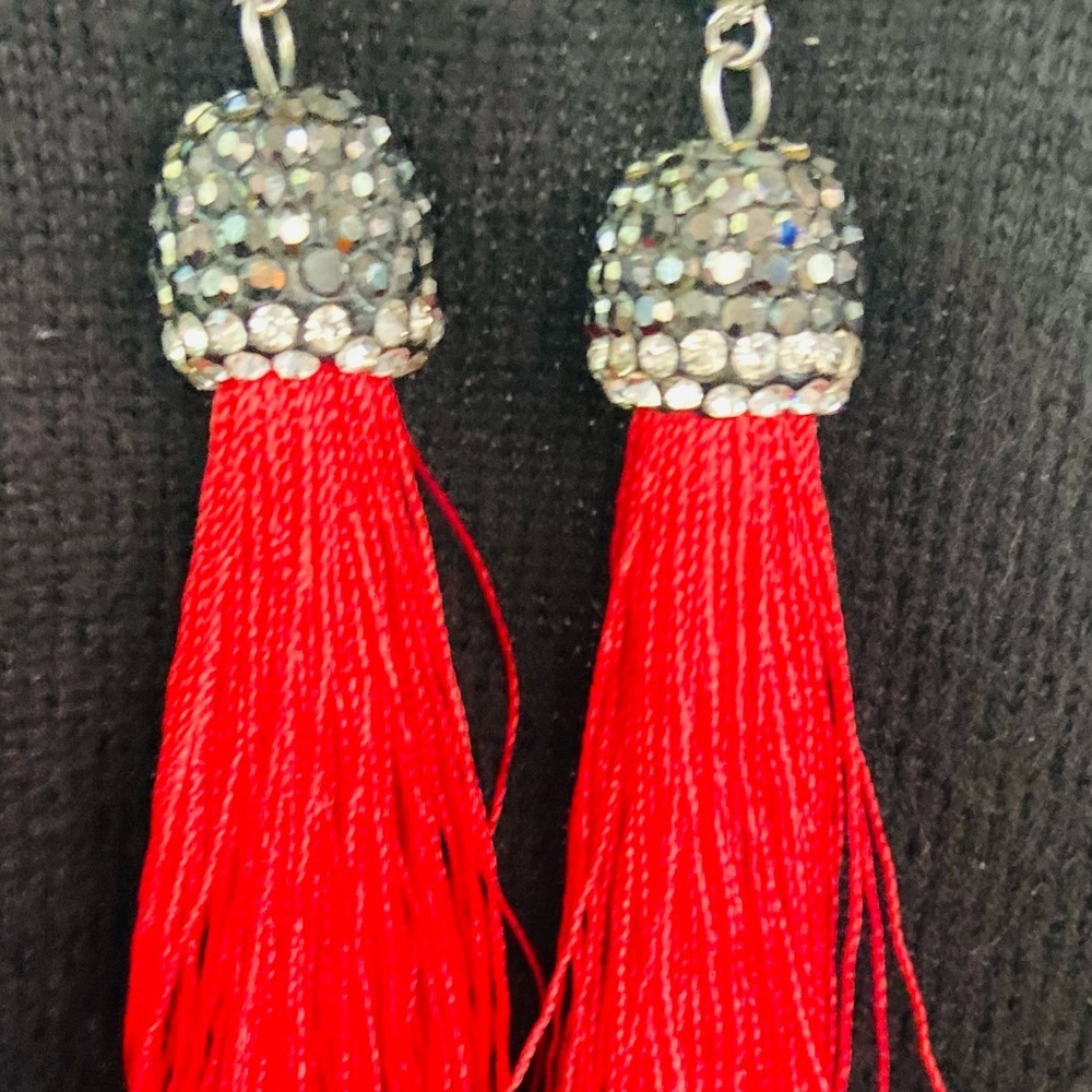 Earrings Red Tassels with Silver Stones NWT - Picture 2 of 3